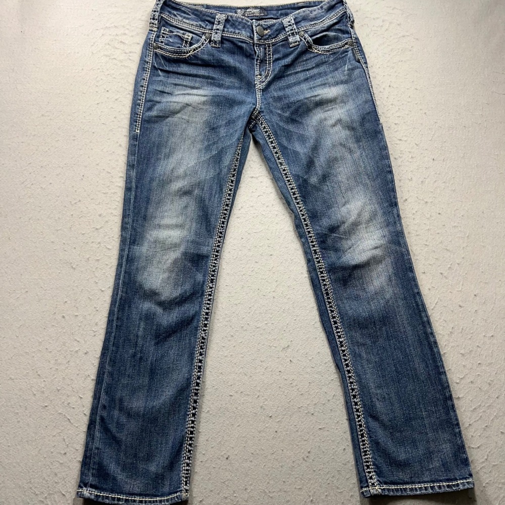 Silver Jeans Co Suki Straight W31 L30 Dark Wash Blue Contrast Stitch‎ Denim